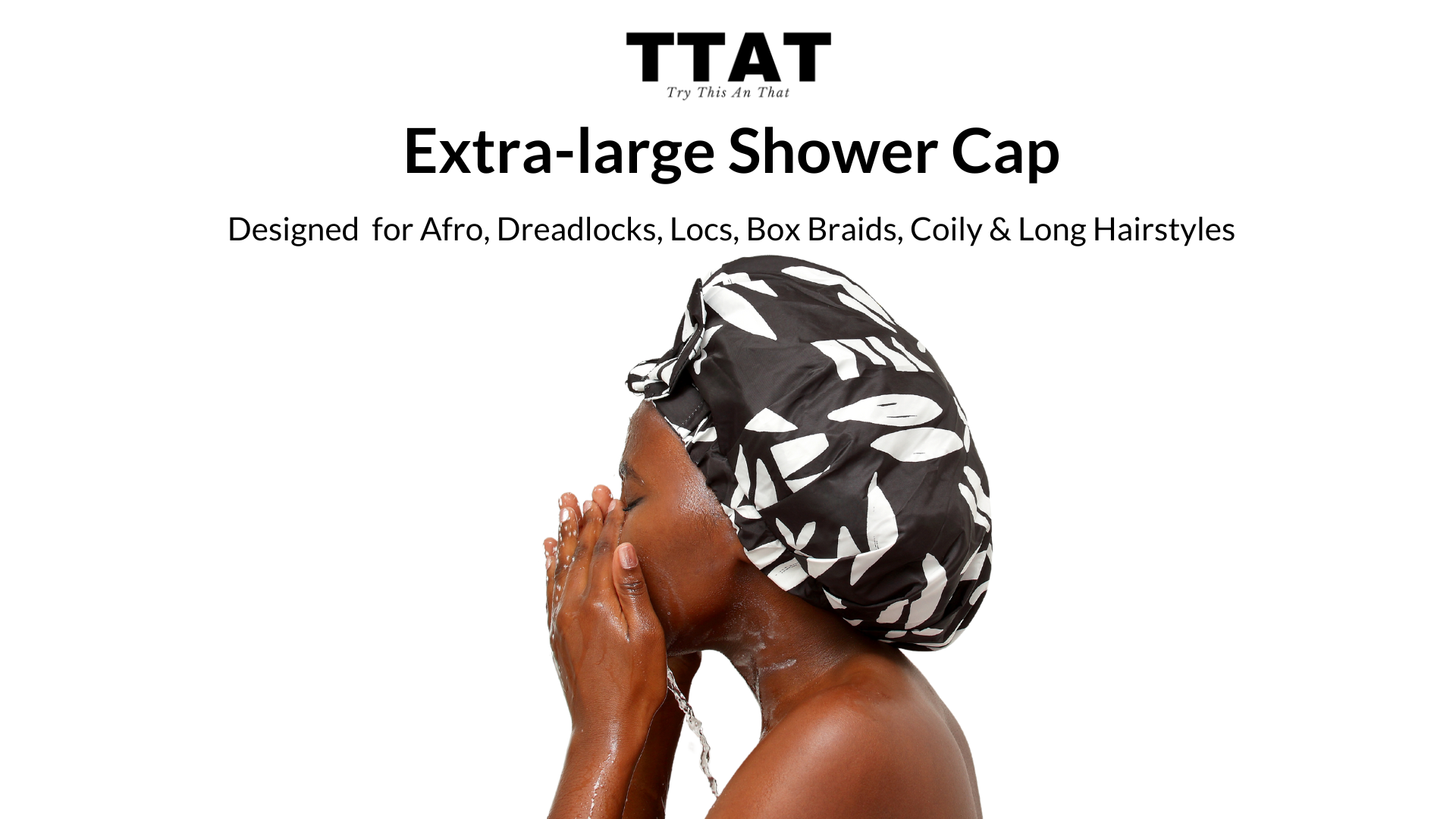 Load video: Black woman with box braids putting on a TTAT Shower Cap Extra Large - Cool Breeze